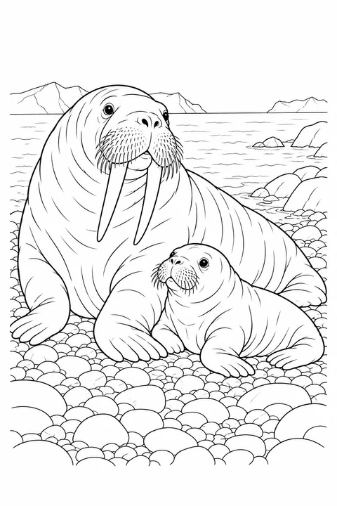 A walrus and its small calf rest together on a pebbly shore.