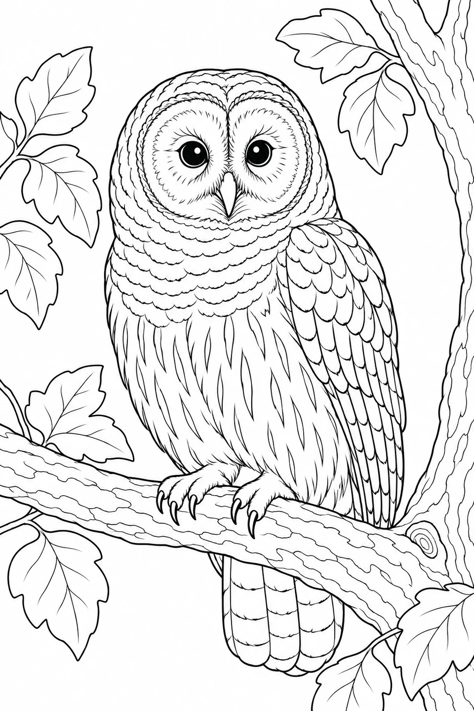 A round-headed owl sits on a leafy branch, with horizontal chest bands and long belly markings.