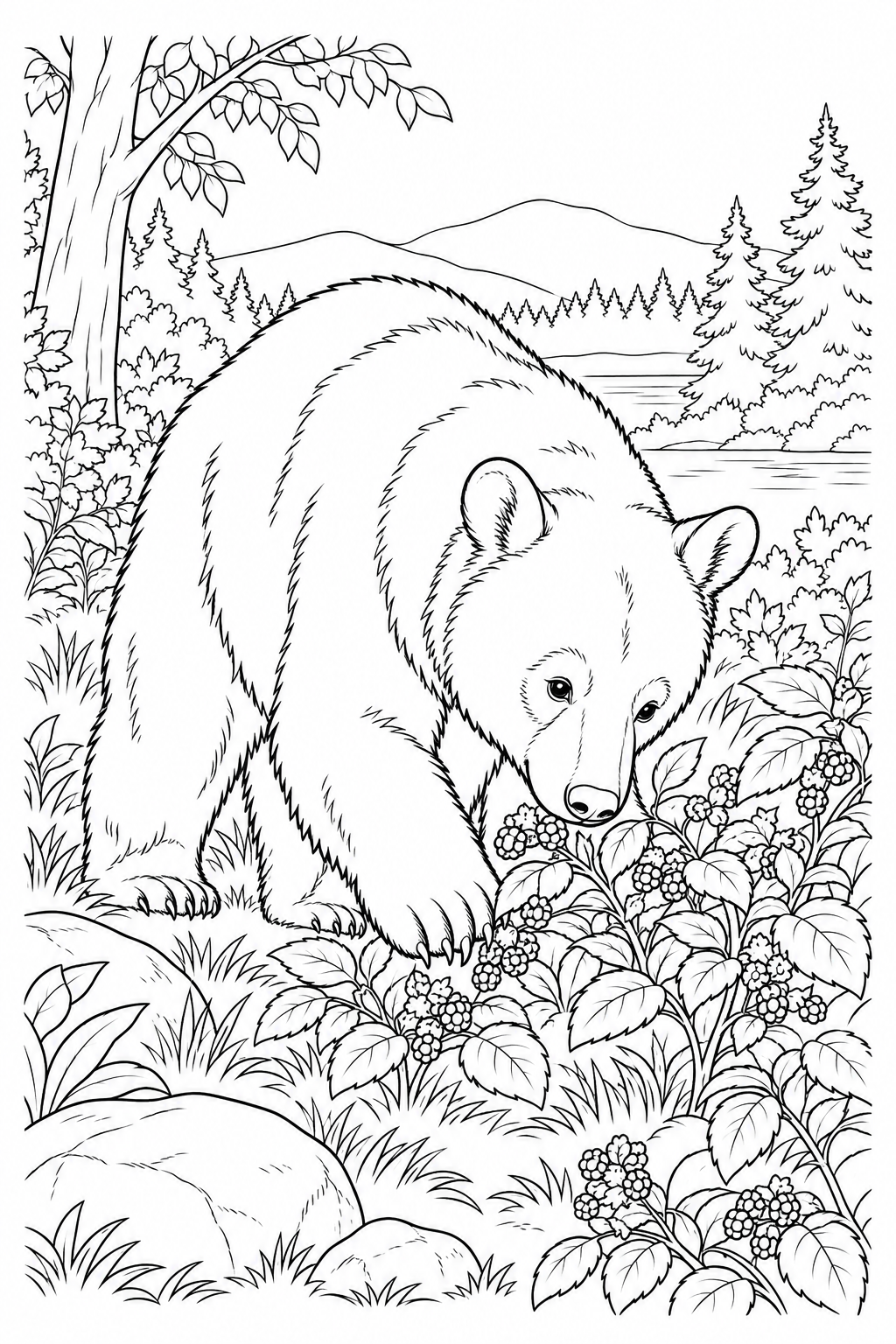 An American black bear lowers its nose toward berries at the woodland edge.