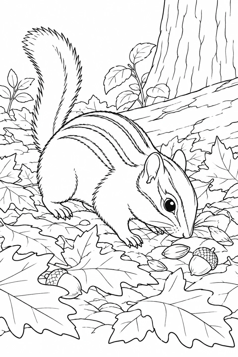 A chipmunk lowers its nose toward seeds and acorns among fallen leaves.