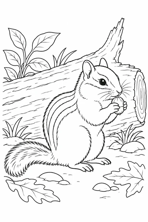 A striped chipmunk holds a small nut beside a fallen log.