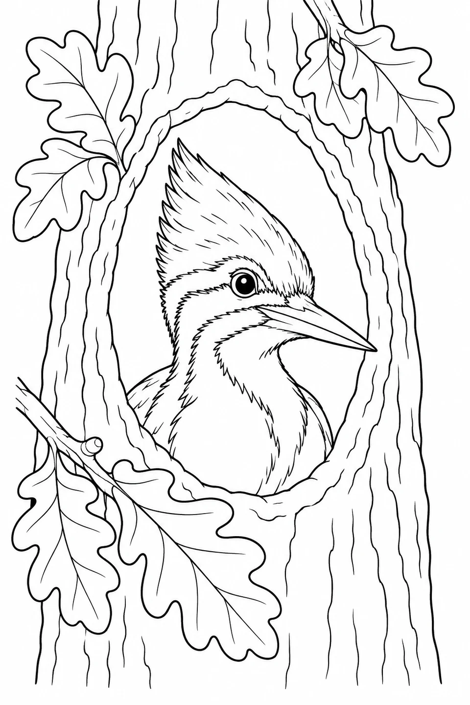 A crested woodpecker peeks out of an oval tree hollow framed by oak leaves.