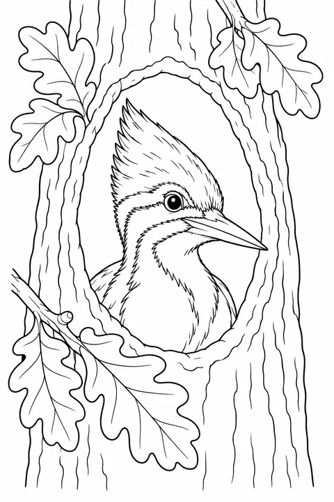 A crested woodpecker peeks out of an oval tree hollow framed by oak leaves.