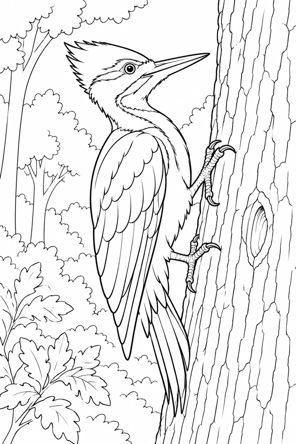 A crested woodpecker grips a tree trunk with its feet and braces its long tail below.