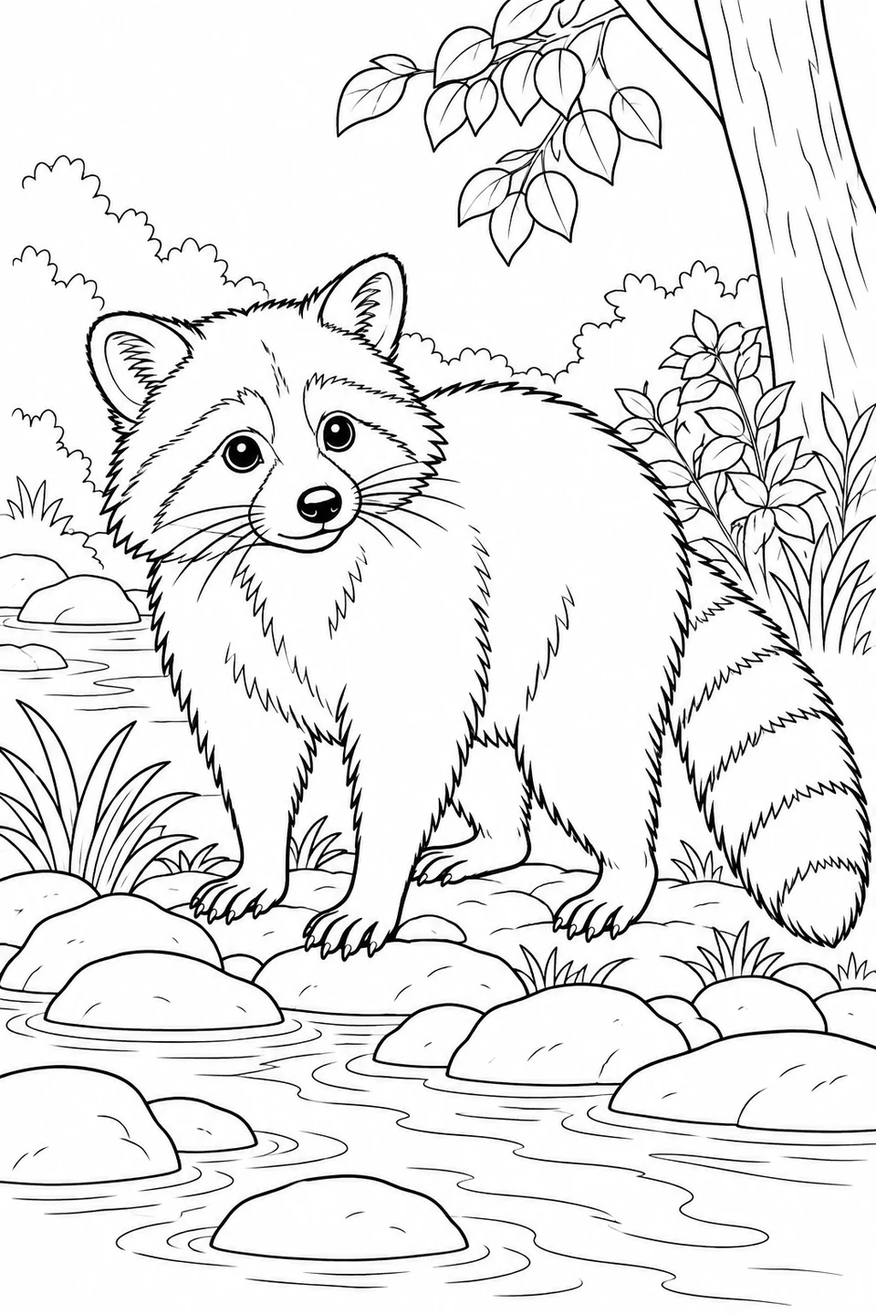A raccoon stands on stones beside a creek, with an outlined face mask and ringed tail.