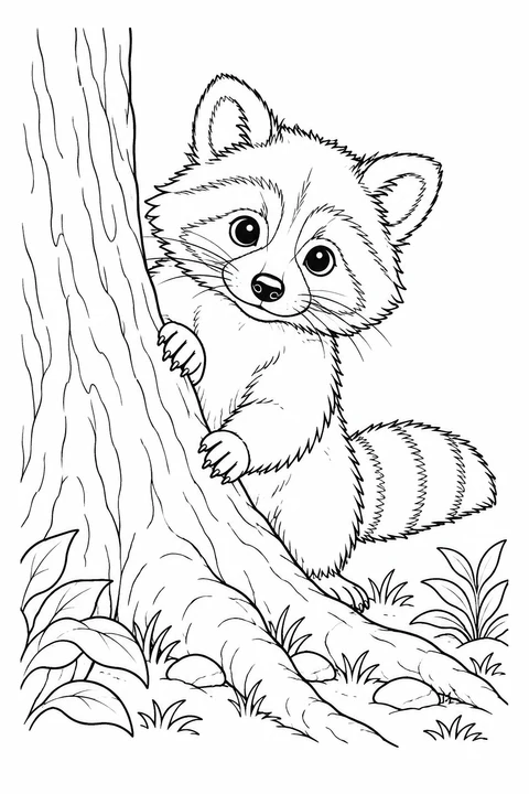 A raccoon grips a tree trunk and peeks around its side, with a ringed tail behind.