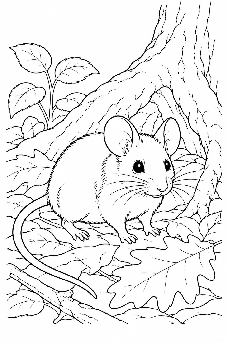 A little mouse with large round ears and a long tail stands beside tree roots and fallen leaves.