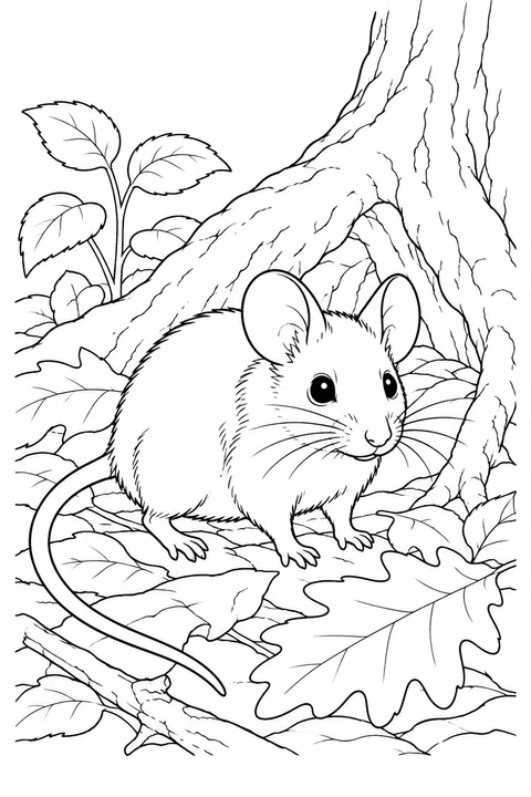 A little mouse with large round ears and a long tail stands beside tree roots and fallen leaves.