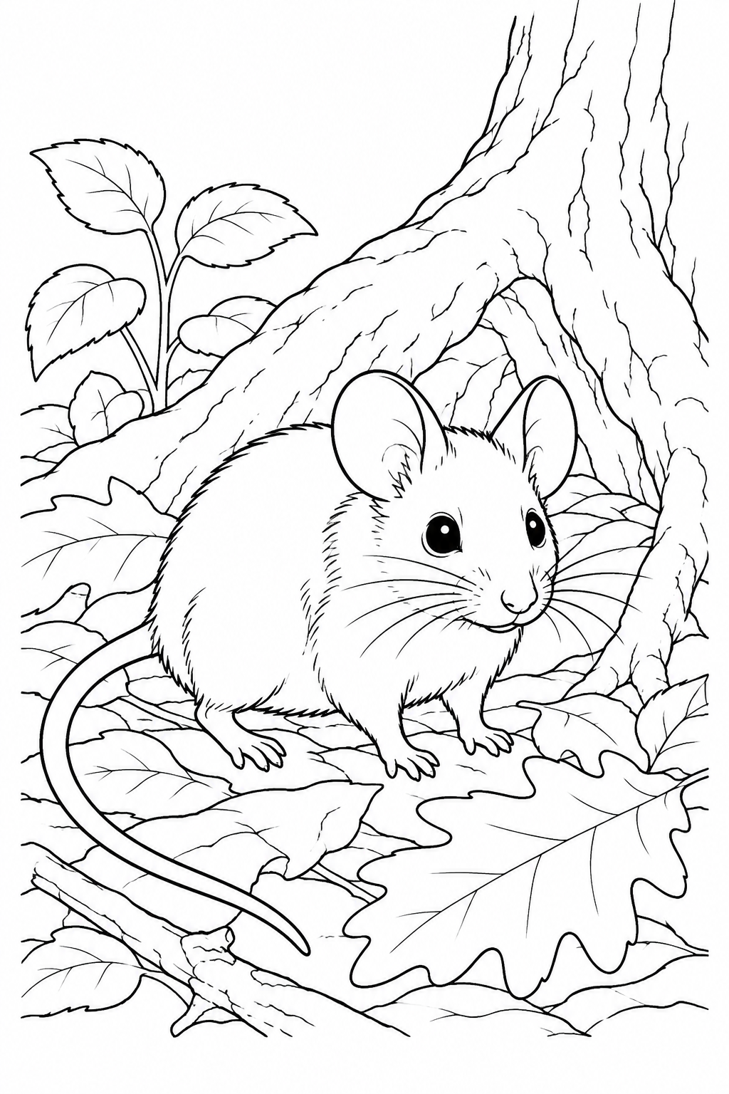 A little mouse with large round ears and a long tail stands beside tree roots and fallen leaves.