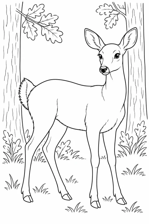 A deer stands between oak trees, with four slender legs and a short raised tail.