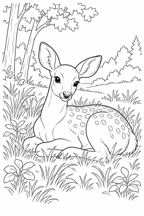A spotted deer rests among grasses and leaves at the edge of the woods.