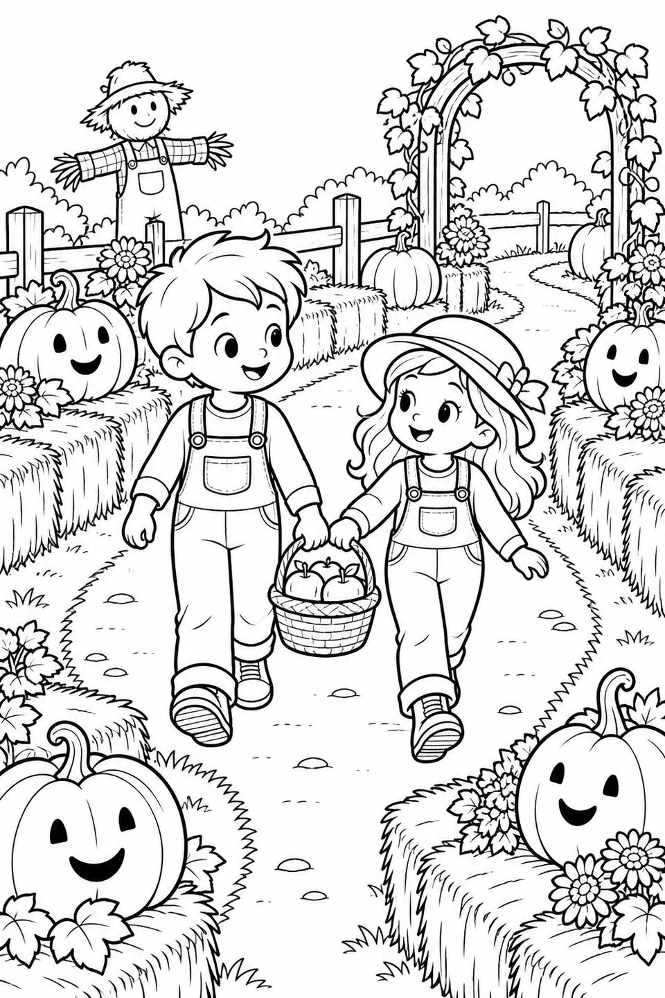 Two children carry a basket of apples along a winding path between hay bales, smiling pumpkins and a friendly scarecrow.
