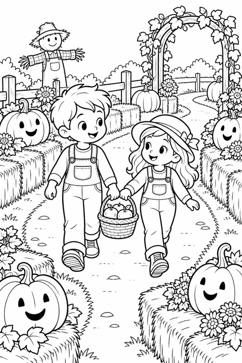 Two children carry a basket of apples along a winding path between hay bales, smiling pumpkins and a friendly scarecrow.