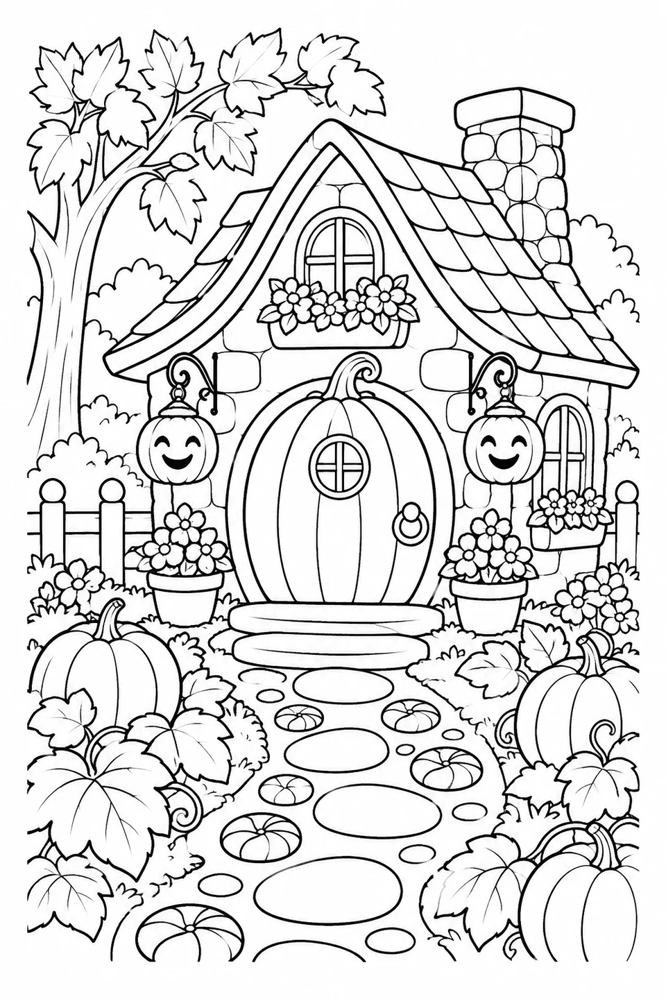 A cozy cottage has a pumpkin-shaped door, smiling pumpkin lanterns, flowers and a winding stepping-stone path.