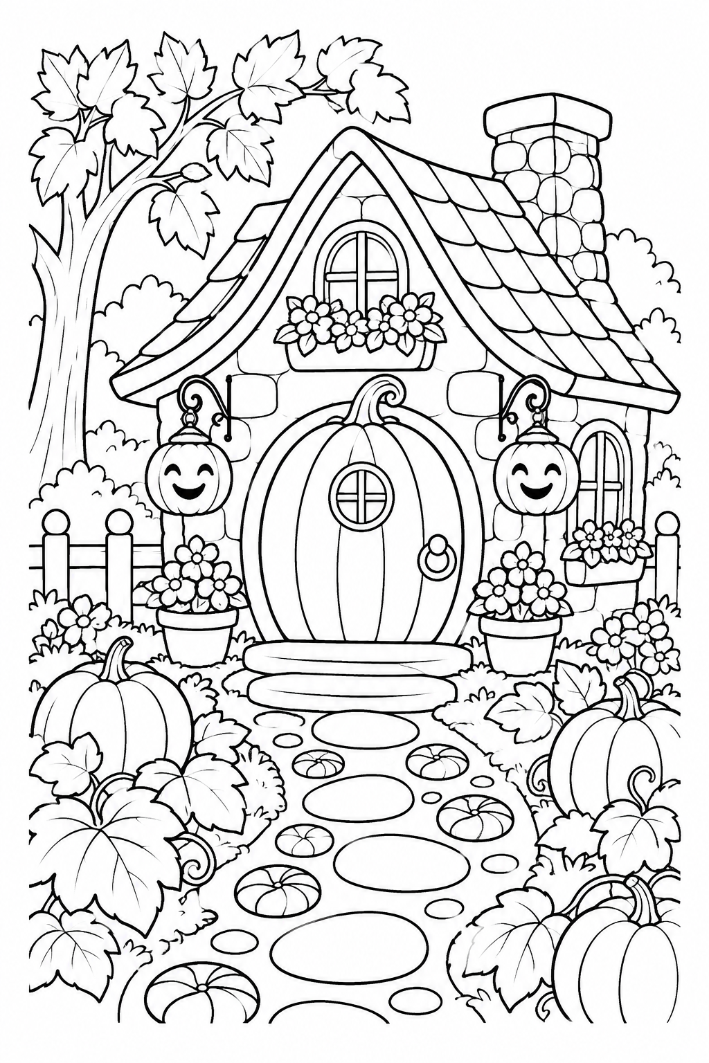 A cozy cottage has a pumpkin-shaped door, smiling pumpkin lanterns, flowers and a winding stepping-stone path.