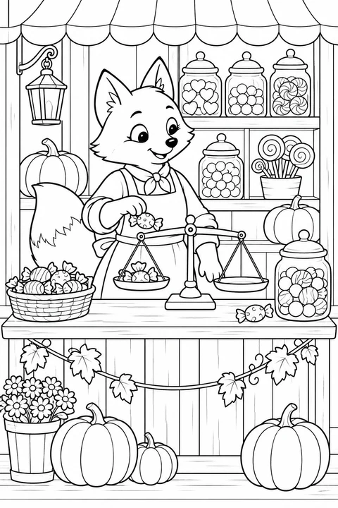 A fox shopkeeper weighs wrapped sweets on a balance scale. Candy jars, pumpkins and a leafy garland decorate the shop counter.