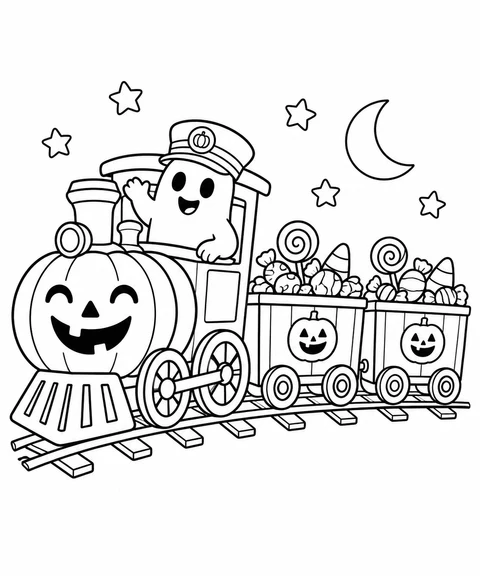 A friendly ghost rides a pumpkin-shaped train with candy wagons.
