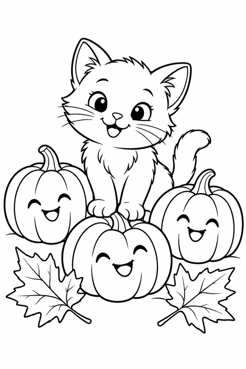 A playful kitten sits behind three smiling pumpkins, with two large autumn leaves in front.