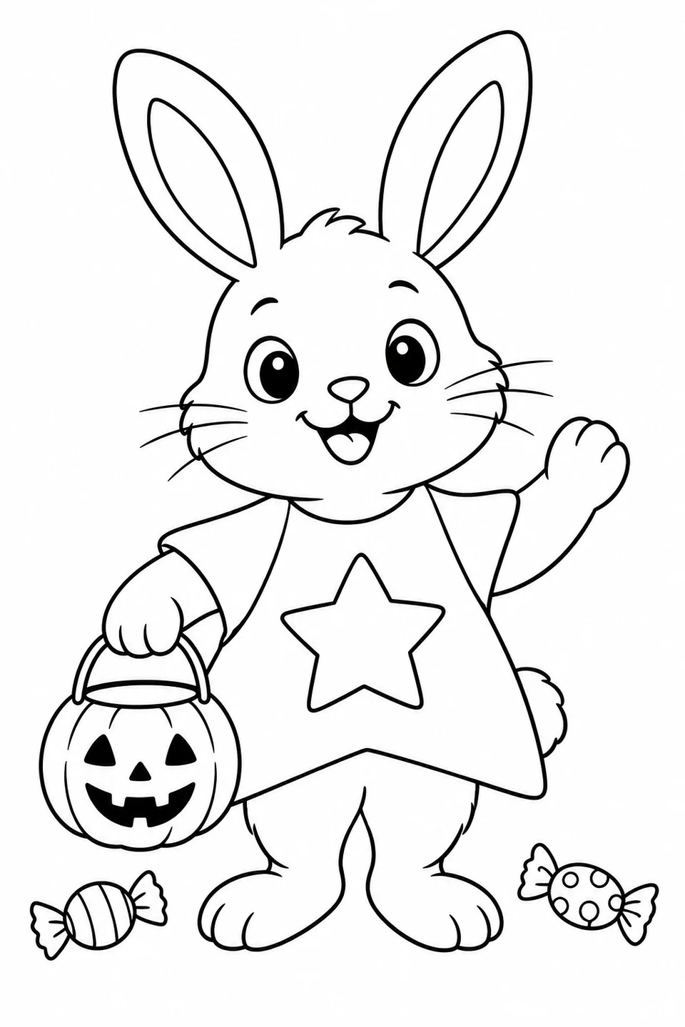 Un joyeux lapin porte un costume d’étoile et un seau à bonbons en forme de citrouille, avec deux bonbons emballés à côté.