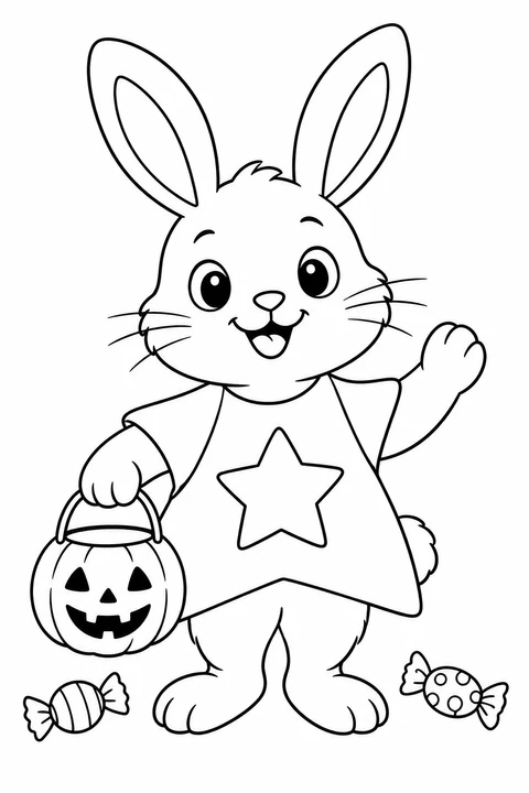 A cheerful bunny wears a star costume and carries a pumpkin candy bucket, with two wrapped sweets nearby.