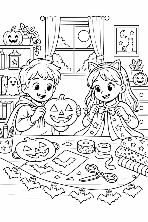 Children make Halloween costumes at a table with masks, ribbons and craft supplies.
