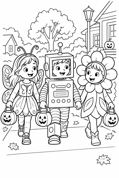 Three children dressed as a butterfly, a robot and a flower carry pumpkin buckets along a neighborhood street.