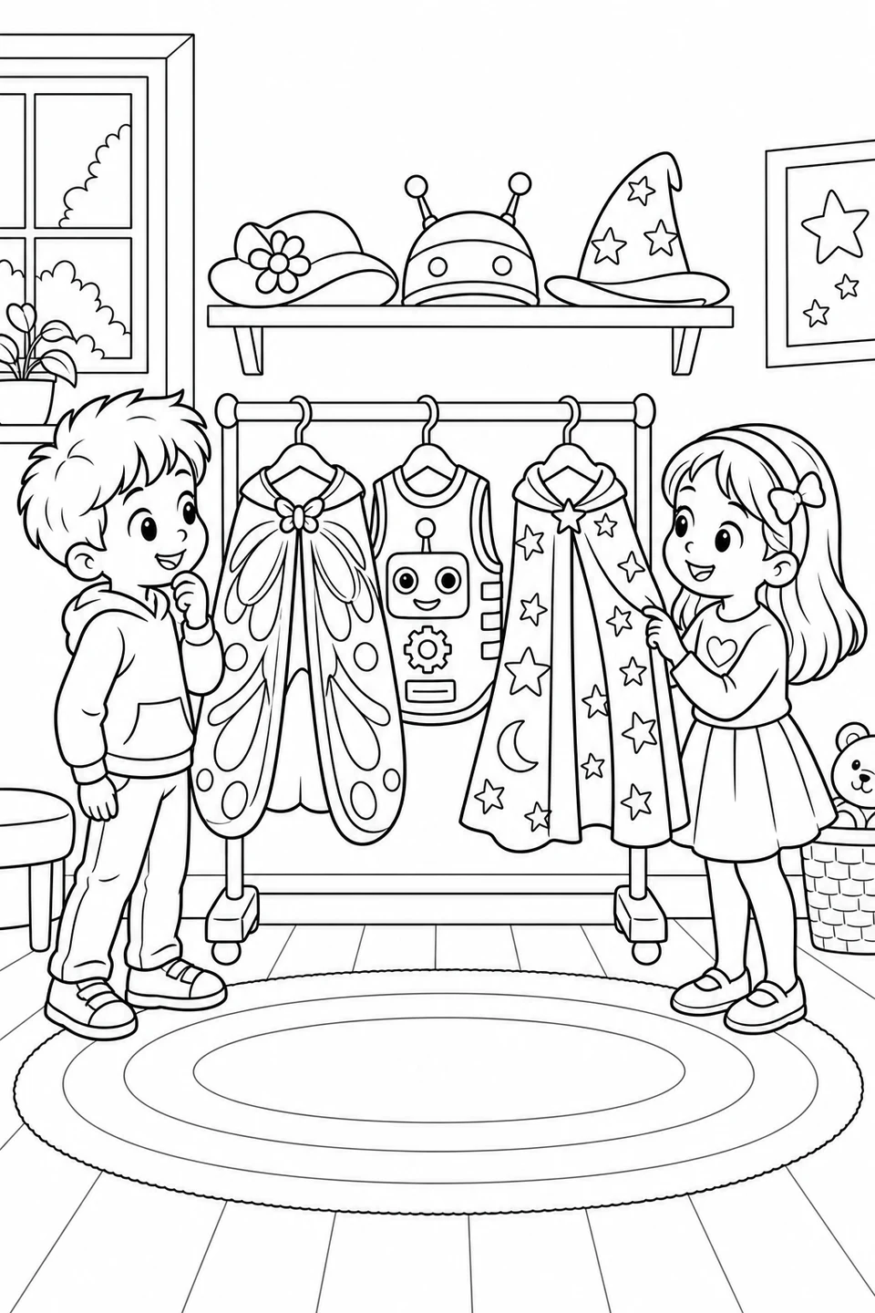 Two children choose between a butterfly cape, a robot vest and a starry magician's cloak. Hats and dress-up clothes await their Halloween colors.