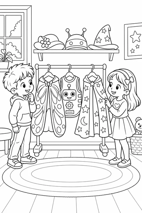 Two children choose between a butterfly cape, a robot vest and a starry magician's cloak. Hats and dress-up clothes await their Halloween colors.