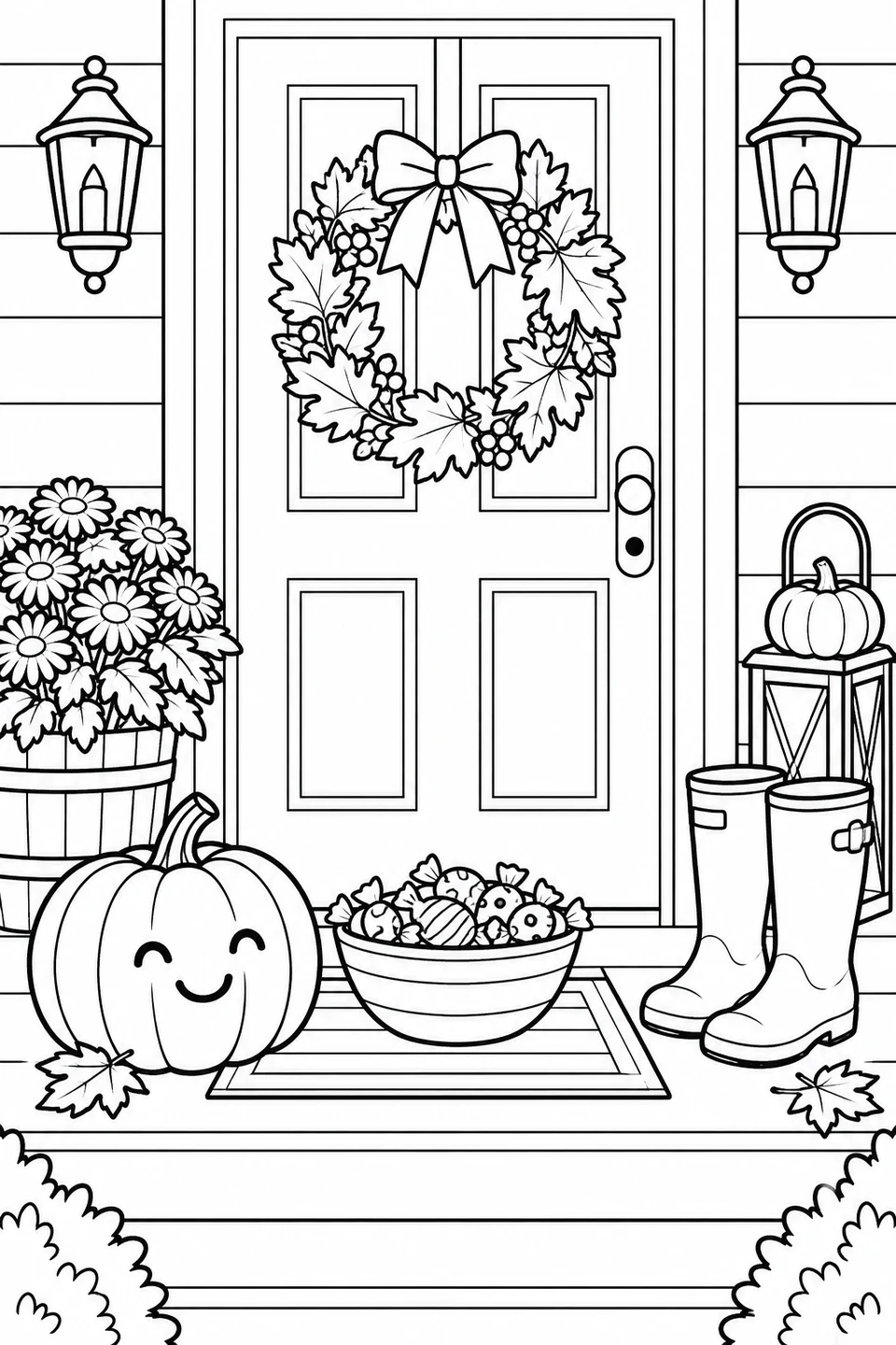 A decorated front door, a smiling pumpkin, a bowl of sweets and boots make a cheerful Halloween doorstep.
