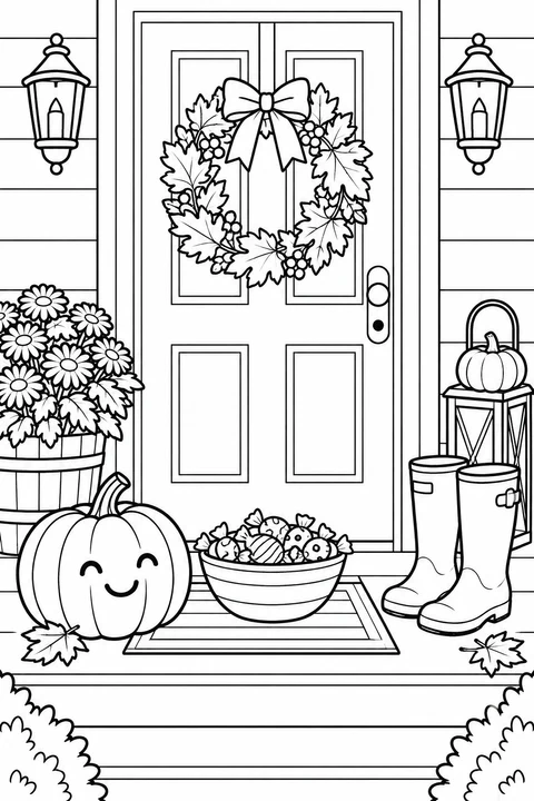 A decorated front door, a smiling pumpkin, a bowl of sweets and boots make a cheerful Halloween doorstep.