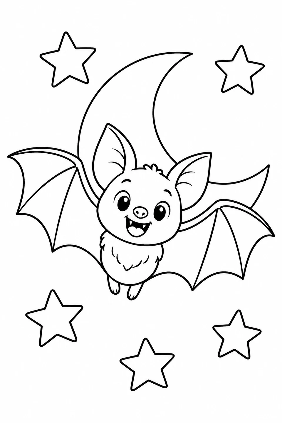A smiling bat spreads its wings in front of a crescent moon, surrounded by five large stars.