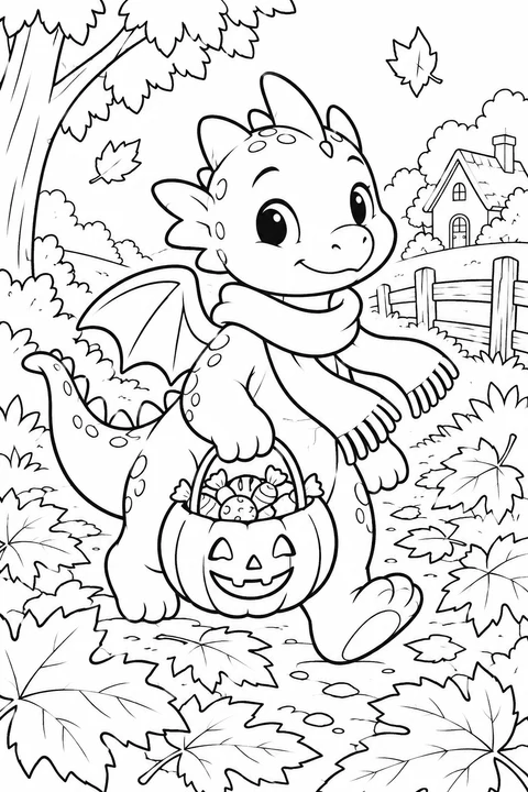 A scarf-wearing dragon carries a pumpkin basket of wrapped sweets along a leafy path.