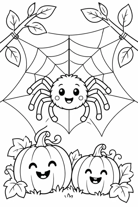 A smiling eight-legged spider sits in a wide web above two cheerful pumpkins.
