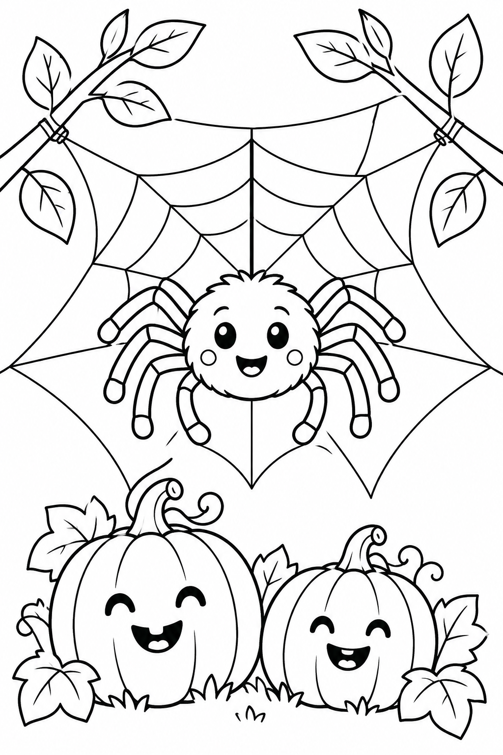 A smiling eight-legged spider sits in a wide web above two cheerful pumpkins.