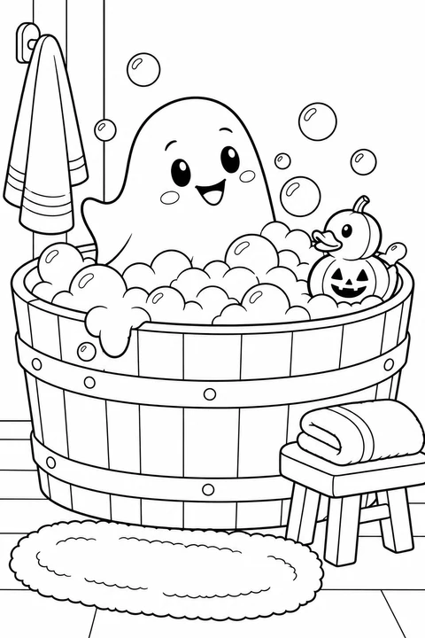 A smiling ghost enjoys a tub of bubbles with a pumpkin rubber duck and towels nearby.
