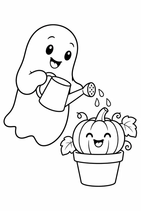 Un fantasmino sorridente annaffia una pianta di zucca in vaso.