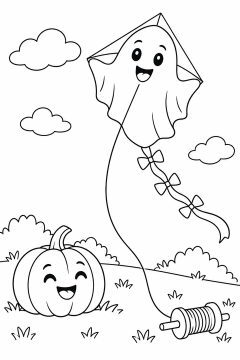 A smiling ghost-shaped kite floats above a pumpkin, with its string and spool below.