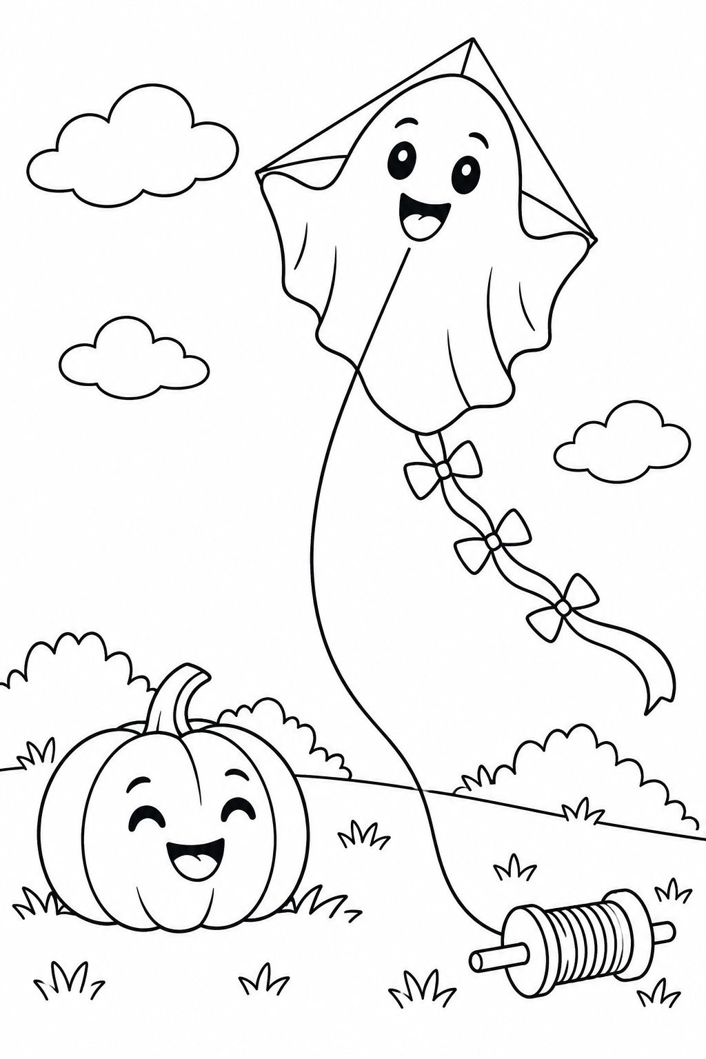 A smiling ghost-shaped kite floats above a pumpkin, with its string and spool below.