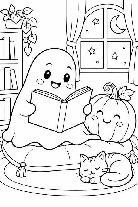 A smiling ghost reads on a cushion beside a cheerful pumpkin and a sleeping cat.