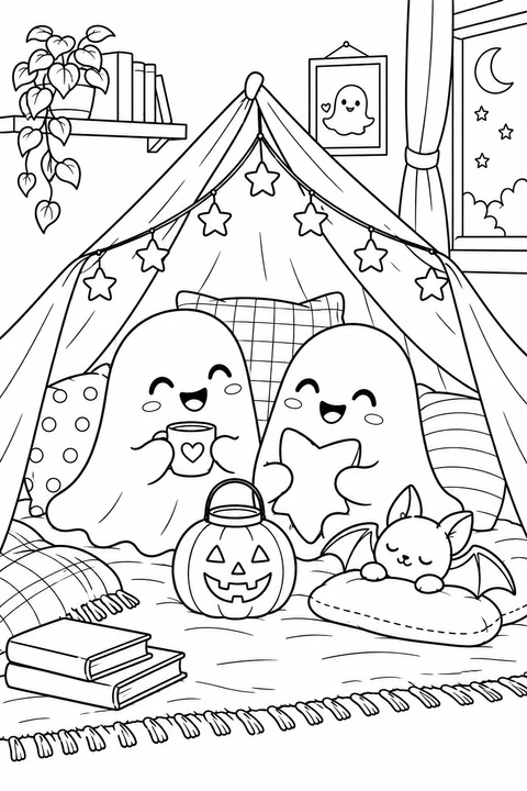 Two smiling ghosts relax in a blanket tent with cushions, a pumpkin lantern and a sleepy toy bat. Color their cozy Halloween sleepover.