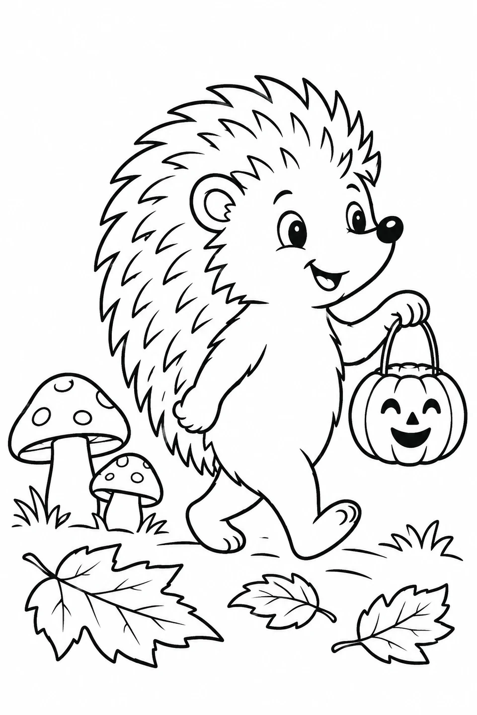 Ein fröhlicher Igel trägt eine lachende Kürbislaterne an Pilzen und Herbstlaub vorbei.