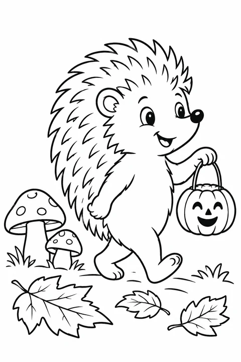 A cheerful hedgehog carries a smiling pumpkin lantern past mushrooms and fallen leaves.