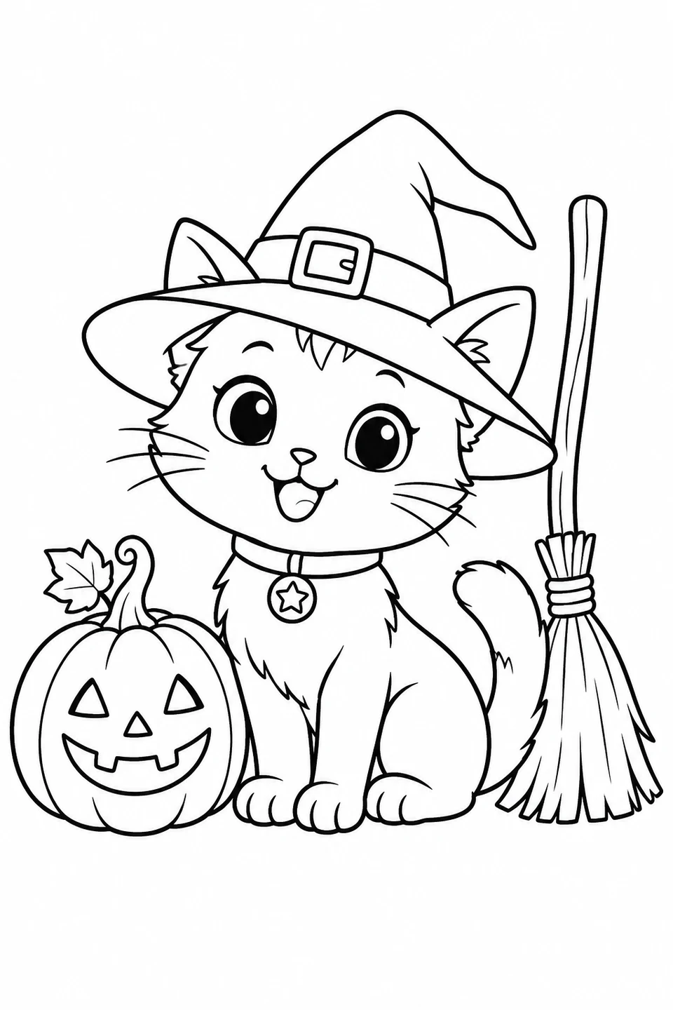 Un gattino con cappello da strega siede vicino a una scopa e a una lanterna di zucca.