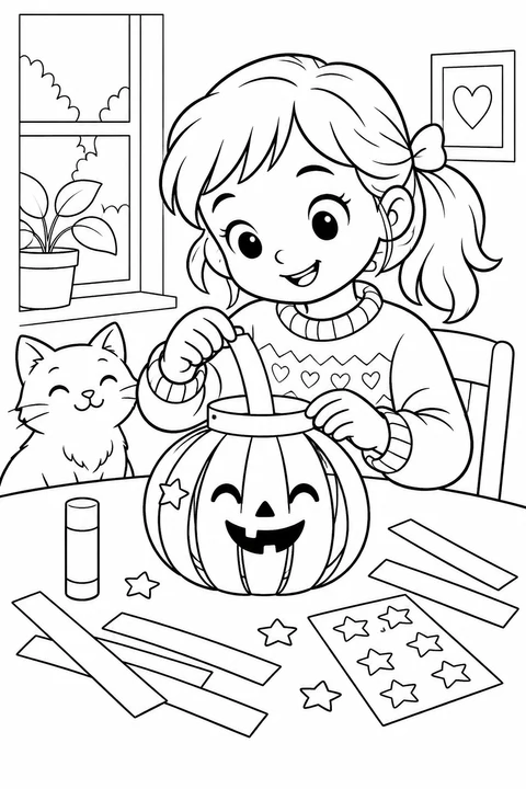 A child uses a glue stick and star decorations to make a smiling paper pumpkin, with a friendly cat nearby.