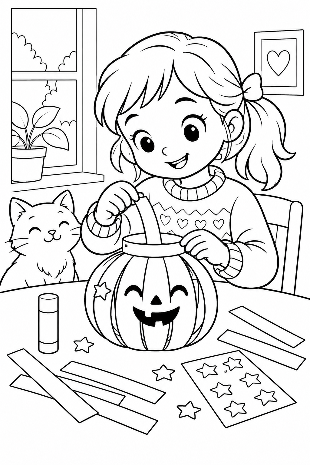 Ein Kind bastelt mit Klebestift und Sternen einen lächelnden Papierkürbis. Eine freundliche Katze ist dabei.