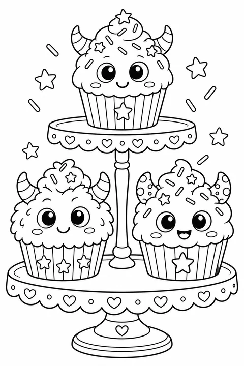 Three cupcakes with cheerful monster faces and little horns sit on a tiered cake stand.