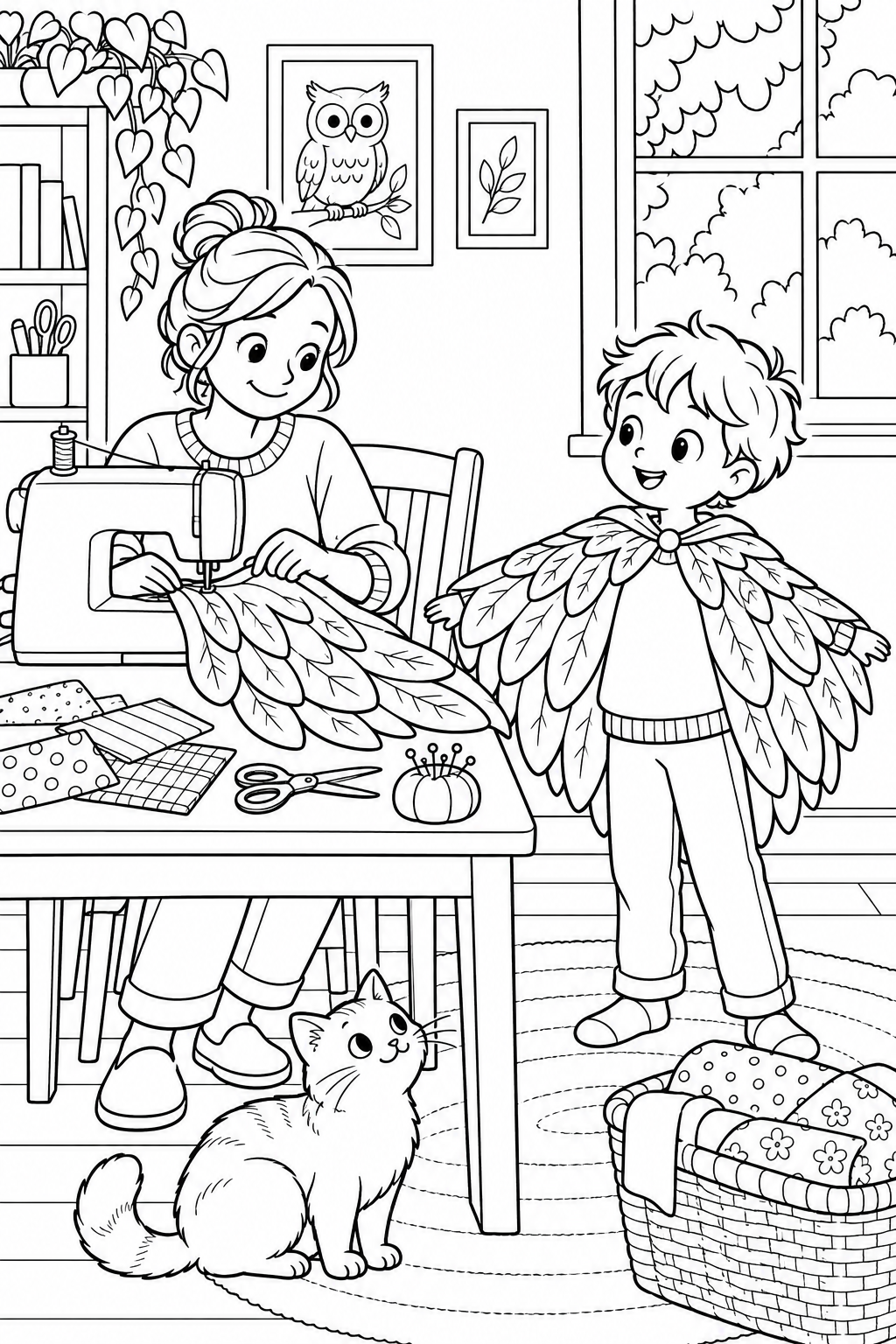 A parent sews a feathered cape while a child tries on an owl costume; a cat watches nearby.