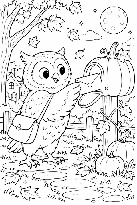 An owl brings an envelope to a pumpkin-shaped mailbox among autumn leaves.