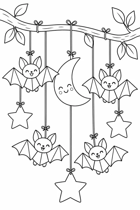 Four paper bats hang from a curved branch with a crescent moon and three stars.