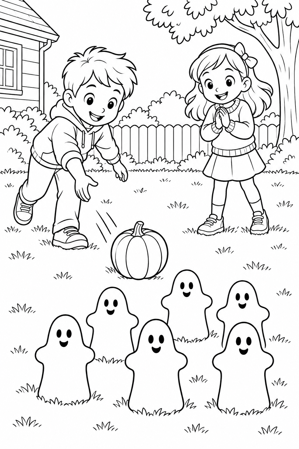 Two children roll a pumpkin-shaped ball toward six smiling ghost bowling pins on the lawn. Color their playful Halloween game.